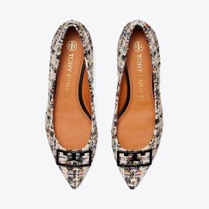 Tory Burch Multicolor Tweed Pointed Flats with Black Logo Accent